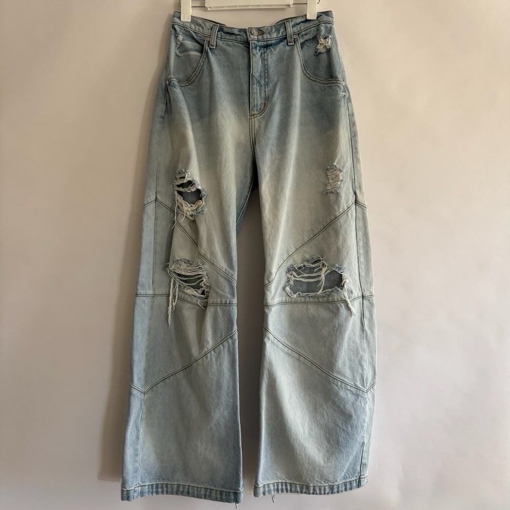 EB Denim Frederick Barrel Jeans Distressed 29 Wide Leg‎ Patchwork Light Wash
